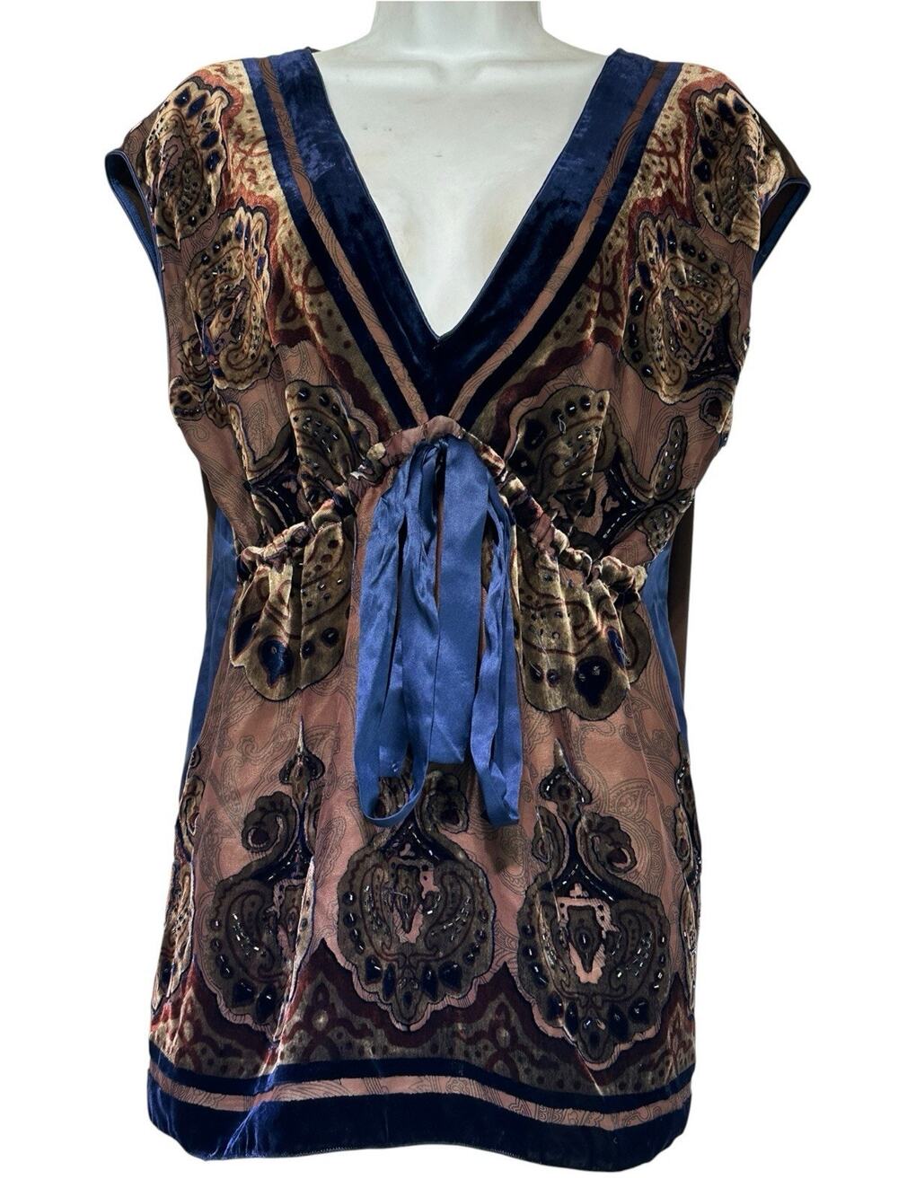 Hale Bob Women’s Size L Brown Blue Silk Velvet Beaded Paisley Tunic Top